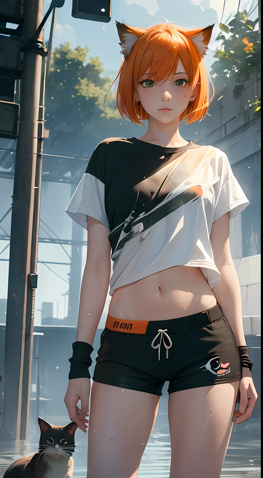 Anime girl with orange hair and black shorts standing next to a cat -  SeaArt AI