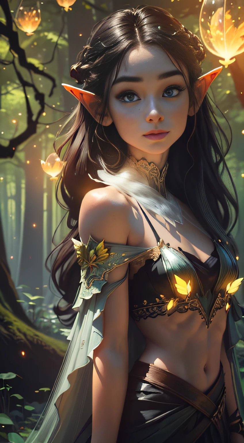 a portrait of a elf girl with freckles and bright striking blue eyes posing for a photo,full body, bare shoulders, muscular, fit, defined abs, thongs, (prominent cameltoe) white freckles, long flowing green hair flying, glowing radiance, beautiful pale makeup, color portrait, stunning portrait, elegant freckles, wearing black thongs with glowing runes of power, black gloves, star-shine, gold dust spread across her skin and her face, (dark, hyper-realistic photos (((portrait))) refraction ,Dark background of magical night forest, deep woods, towering ruins, starlight skies, A mystical and epic landscape, featuring a fantastical and surreal world of floating islands, giant trees, and mythical creatures, that transport the viewer to a world of imagination and wonder, artstation, digital art, intricate, trending, bright colors suitable for viewing in public places A masterpiece, the best quality, stunning reflections, the best reflections ever. (very detailed CG unity 8k wallpapers), (best quality), (best illustrations), (best shadows), forest theme with natural elements. Tall trees, quiet streams, small glowing mushrooms surrounded by delicate leaves and branches, with fireflies and glowing particle effects,, (natural elements), (jungle theme), (leaves), (twigs), (fireflies), butterflies, (delicate leaves), (glow), (particle effects). , Isometric 3D, Octane Rendering, Ray Traced, Super Detailed