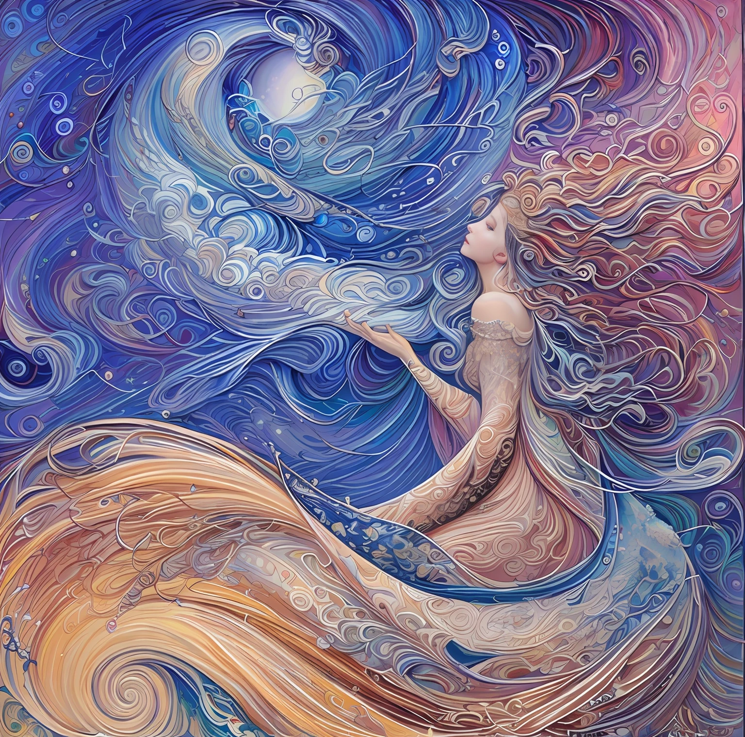 A painting of a woman with long hair, an intricate fantasy painting, James M. R. Izzy, inspired by Josephine Wall, inspired by Rebecca Gay, Magic Energy of Soft Rotation, Magic Energy of Rotation, Goddess of the Moon, Renasance painting, Intricate oil painting, Intricate oil painting artwork, Intricate beautiful painting, Beautiful complex oil painting, Magical realism painting A painting of a woman with long hair, an ultra-fine detail painting inspired by Josephine Wall, tumblr, metaphysical painting, intricate fantasy painting, James R. Eads, Magic Energy of Soft Rotation, Magic Energy of Rotation, Goddess of the Moon, Renasance Painting, Intricate Oil Painting, Intricate Beautiful Painting, Complex Oil Painting Artwork of Best Quality, Masterpiece, Ultra High Resolution, (Photo Realistic: 1.4), Surrealism, Dreamy, Fantasy Art