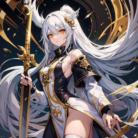 Black anime girl with long white hair in a white outfit, yellow eyes, with a sword, impatic genshin style