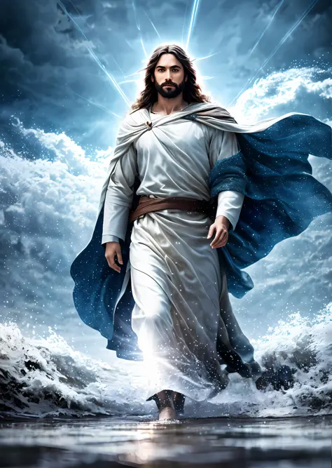 Jesus walking on water in a storm, gentle expression, streaks of light coming down from the sky, masterpiece, highest quality, high quality, highly detailed CG unit 8k wallpaper, award-winning photos, bokeh, depth of field, HDR, bloom, chromatic aberration...