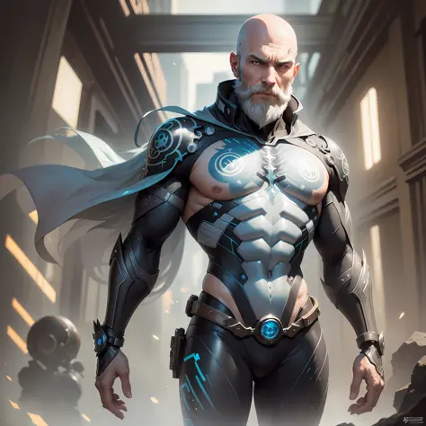 (Man short white cyborg beard detailed: 1.2),(no hair: 1.2),(many large black tattoos on head, face and eyes:1.2),neon glow, (detailed cybernetic eyes: 1.1)(highly detailed: 1.2),(best quality:1.2),(8k:1.0),(emb-rrf-low:1.0),,sharp focus,(award-winning pho...