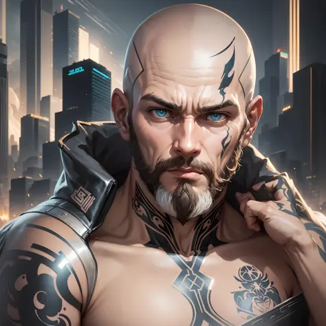 (Man short white cyborg beard detailed: 1.2),(no hair: 1.2),(many large black tattoos on head, face and eyes:1.2),neon glow, (detailed cybernetic eyes: 1.1)(highly detailed: 1.2),(best quality:1.2),(8k:1.0),(emb-rrf-low:1.0),,sharp focus,(award-winning pho...