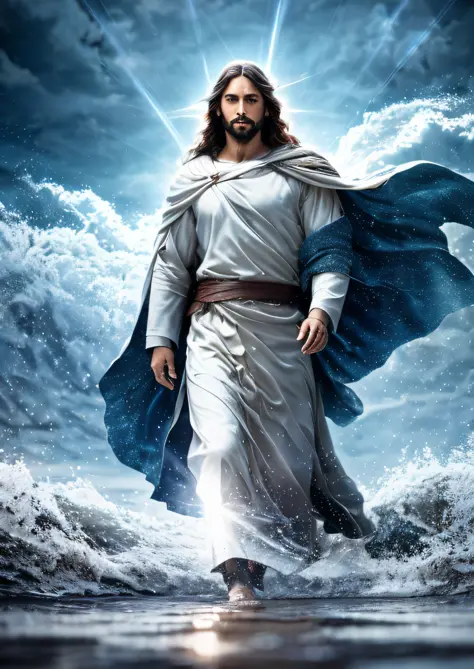 Jesus walking on water in a storm, soft expression, streaks of light coming down from the sky, masterpiece, high quality, ultra realistic, highly detailed CG 8k wallpaper unit, award-winning photos, bokeh, depth of field, HDR, bloom, chromatic aberration, ...