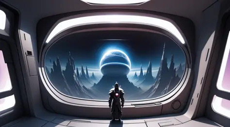 dark planet ruled by a super villain, view from a spaceship