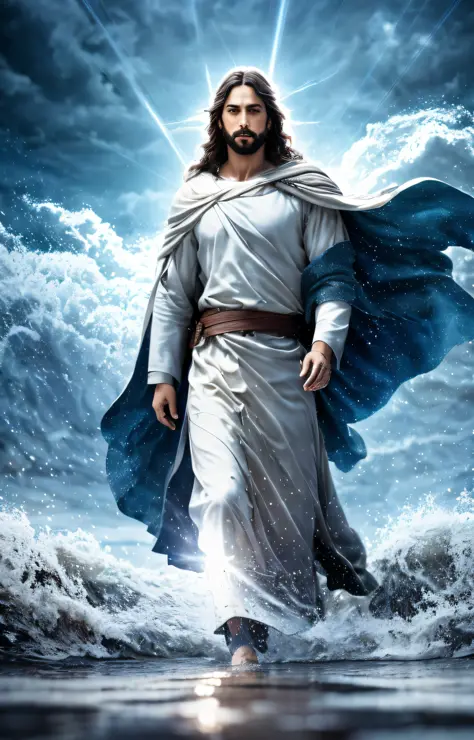 Jesus walking on water in a storm, soft expression, streaks of light coming down from the sky, masterpiece, high quality, ultra realistic, highly detailed CG 8k wallpaper unit, award-winning photos, bokeh, depth of field, HDR, bloom, chromatic aberration, ...
