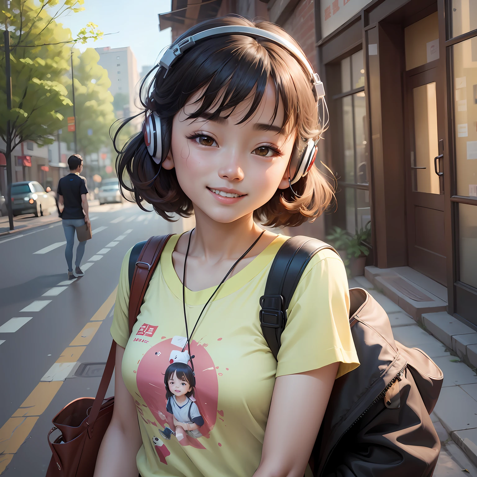 There is a woman wearing headphones, Chen Xintong, young and cute Wan Ya face, Liu Chengyou, Wan cute Korean face, broad forehead, Chiho, young and cute Korean face, Wu Xisen, Ye Wenfei, Chinese girl, Asian face, Ruan Meng cute vtuber, gongbi, Yunling, Lin Qifeng, anime sense, oil painting style, fair skin, toothy smile, cute, college student, gentle, quiet --auto --s2