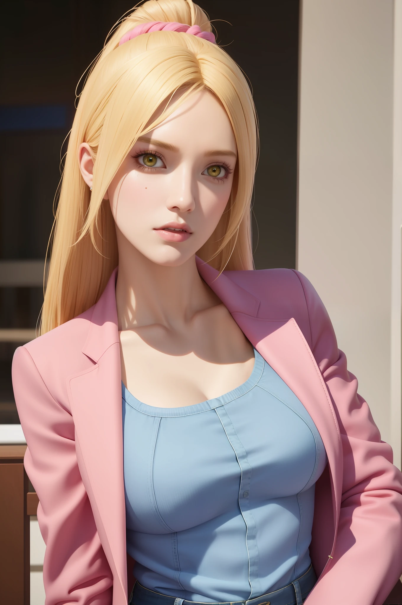 A closeup of a woman in pink jacket and jeans, Deviantart Artstation ...