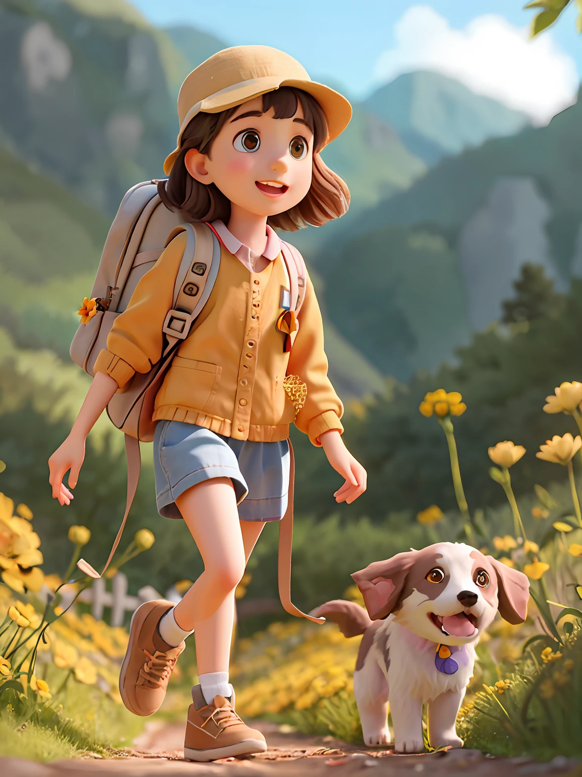 一个非常迷人的背包和她可爱的边境牧羊犬小狗享受一个可爱的春天郊游周围美丽的黄色花朵和大自然. 该插画为4K高清插画，面部特征细节丰富，具有卡通风格的视觉效果.