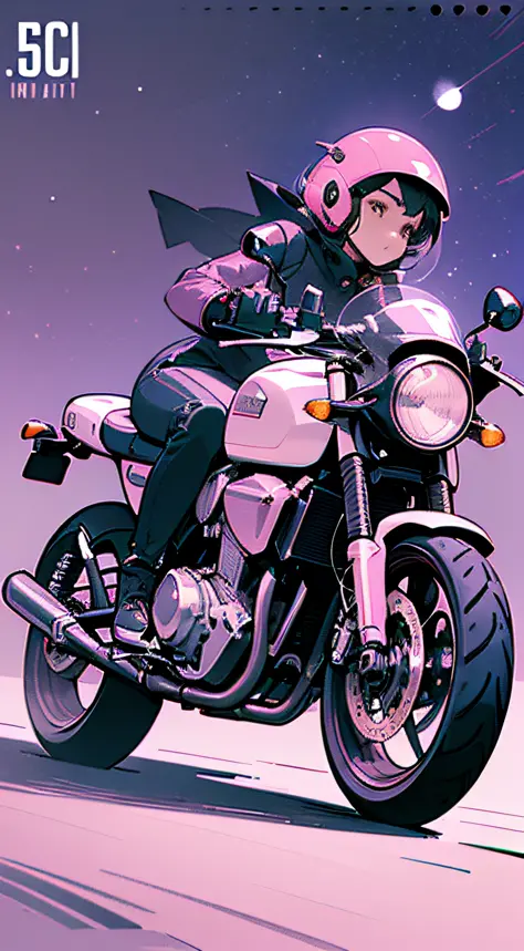 (masterpiece), (best quality), (best detail), (distant general view), (postage stamp),(main color of illustration: light pink), (secondary color: bright violet), a cafe racer motorcycle driven by a woman with challenging stance, highly detailed chassis, we...