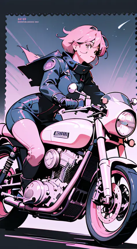 (high resolution),(masterpiece), (best quality), (best detail), (distant general view), (postage stamp),(main color of illustration: light pink), (secondary color: bright violet), a cafe racer motorcycle driven by a woman with challenging stance, highly de...
