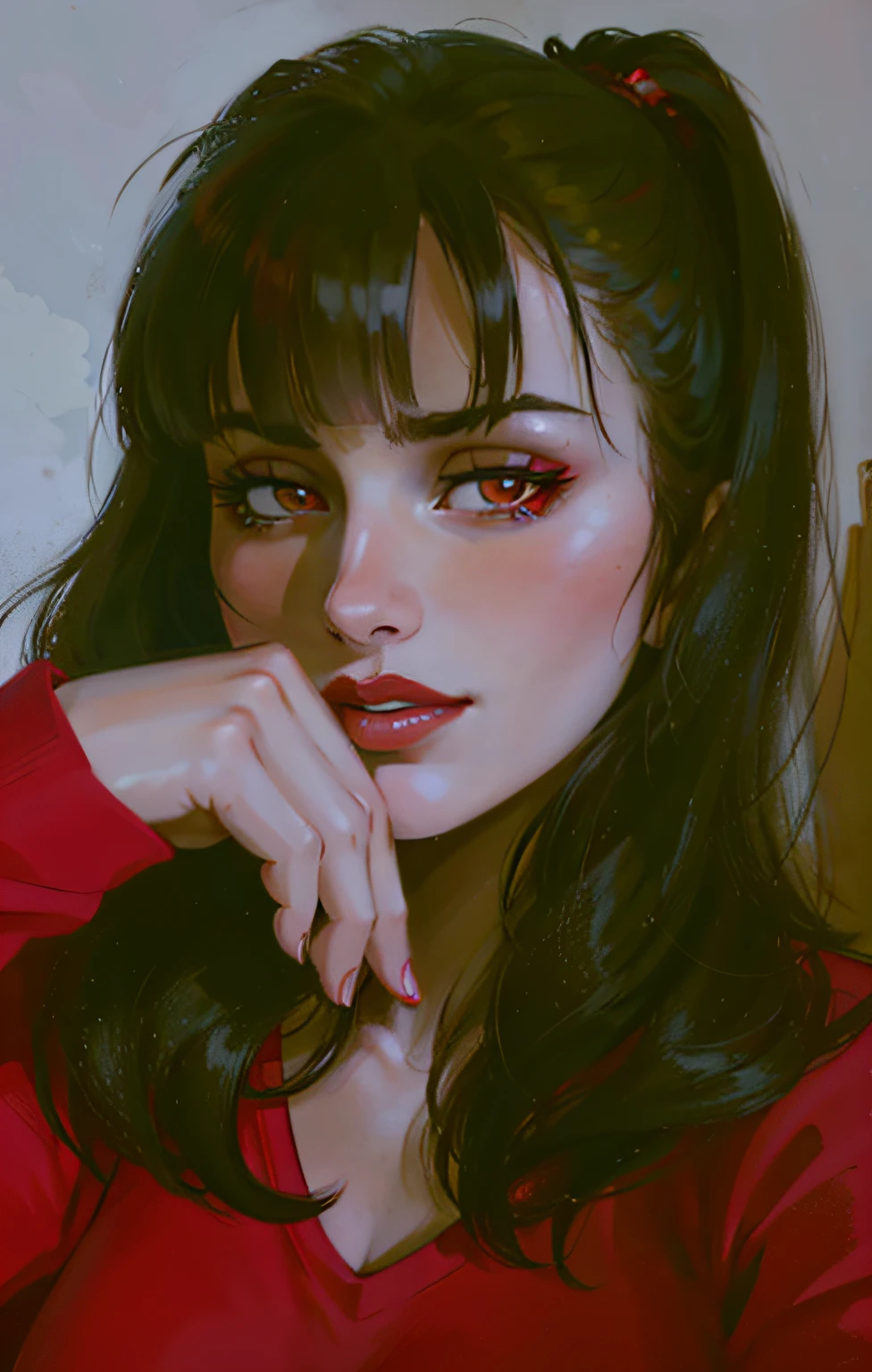 (masterpiece),(best quality:1.0), (ultra highres:1.0), detailed illustration, 8k, anime, 1girl, beautiful anime girl, wearing a red top, pretty face, detailed face, beautiful eyes, detailed eyes, dark red eyes, bright red lips, red lipstick, beautiful stylish hair, highlights in hair, bangs anime style, best quality, vibrant