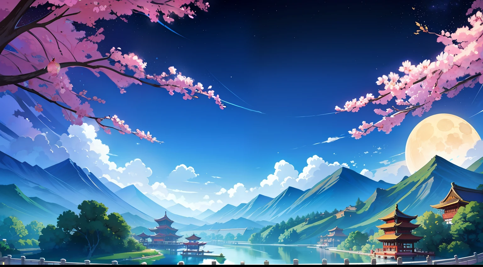 fond chinois ancien, Montagnes, rivières, des nuages, Pavillons,lune, starry sky chef-d&#39;œuvres, HD, Haute qualité, Meilleure qualité, haute résolution, Haute qualité, détails élevés, chef-d&#39;œuvre, animé style, animé