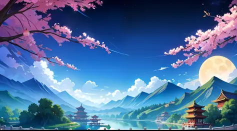 ancient chinese background, mountains, rivers, clouds, pavilions,moon, starry sky masterpieces, hd, high quality, best quality, ...