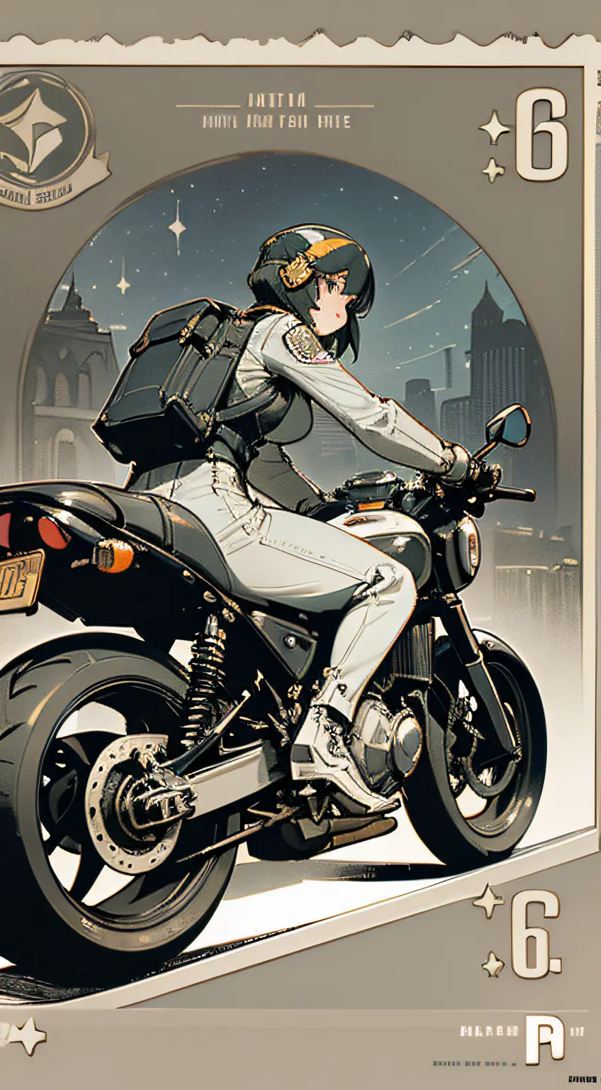 (high resolution),(masterpiece), (best quality), (best detail), (distant general view), (postage stamp),(main color of illustration: metallic gray), (secondary color: ivory white), a cafe racer motorcycle driven by a woman with challenging stance, very det...