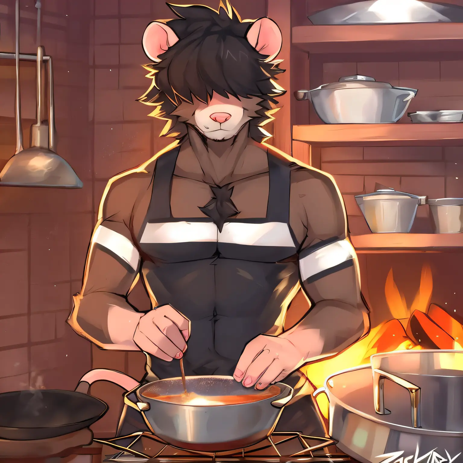 thin male solo cartoon possum by zackary911 hair over eyes, in cooking pot, small waist broad chest big mane slim scruffy colorf...