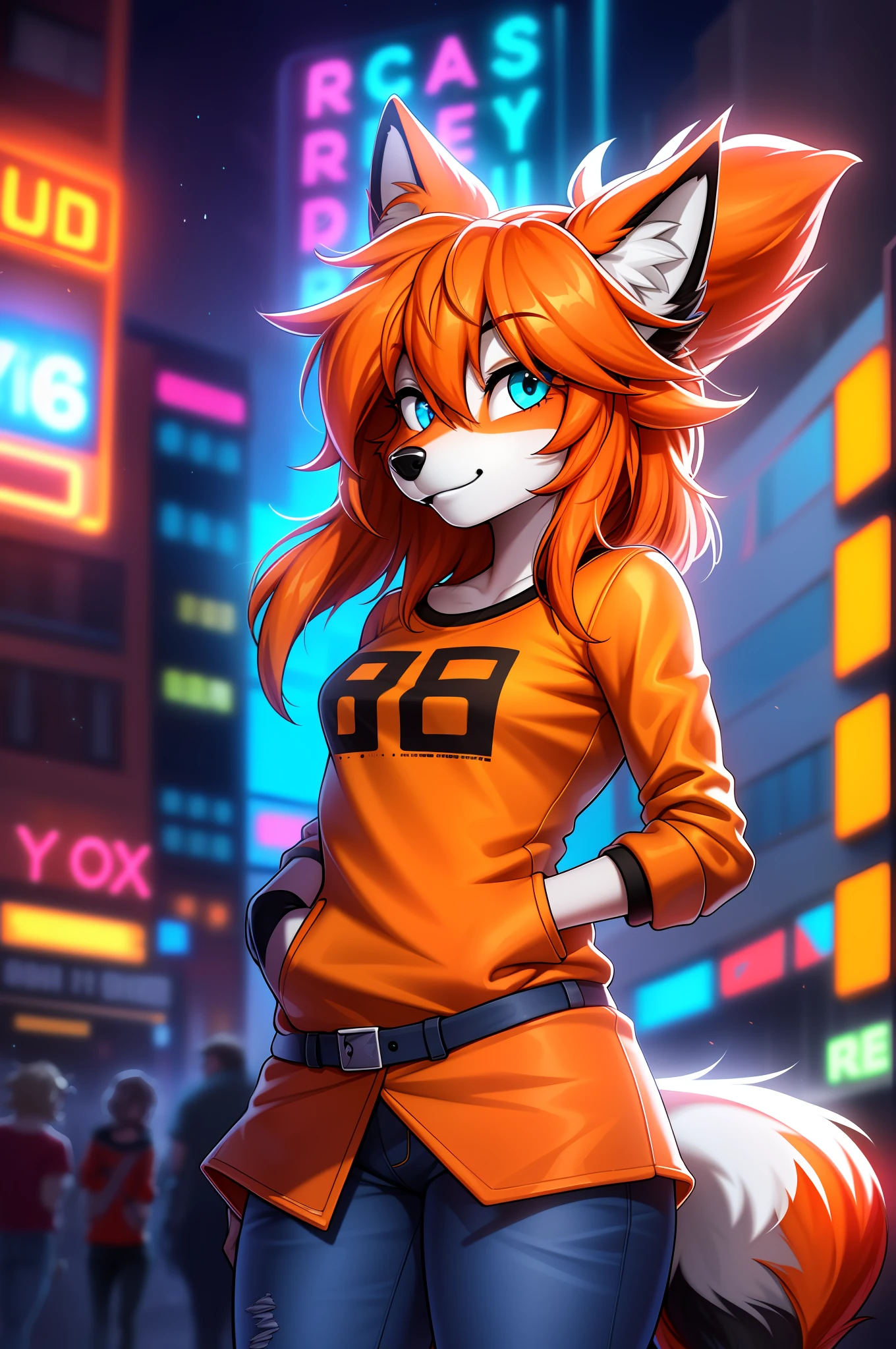 1 girl, (detailed fluffy fur), body skin, solo, fox ears, two-tone hair, (high quality), high resolution, detailed eyes, detailed shadows, red jacket (high quality), high resolution (digital painting), (8k), (tail: 1.1), city buildings, skyline, (hand in pocket: 1.1), jeans, (neon lights: 1.1), night, crowded, bright light,  Neon, small chest, rock band t-shirt, (orange [body fur]), winking