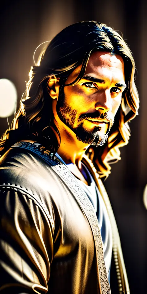 portrait of modern day Jesus, cinematic lighting, depth of field, bokeh, realism, photorealistic, hyperrealism, professional photography, uhd, dslr, hdr, background whit a wood cross