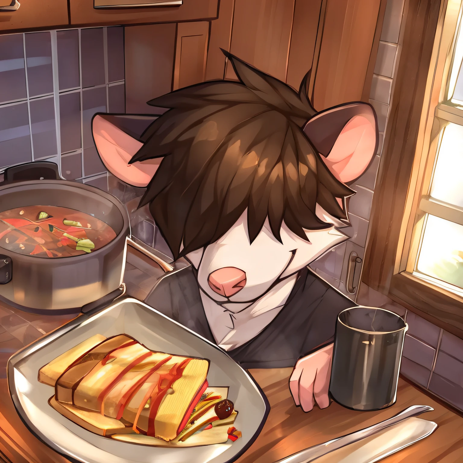 thin male solo cartoon possum by zackary911 hair over eyes, in cooking pot, kitchen, sandwich, food