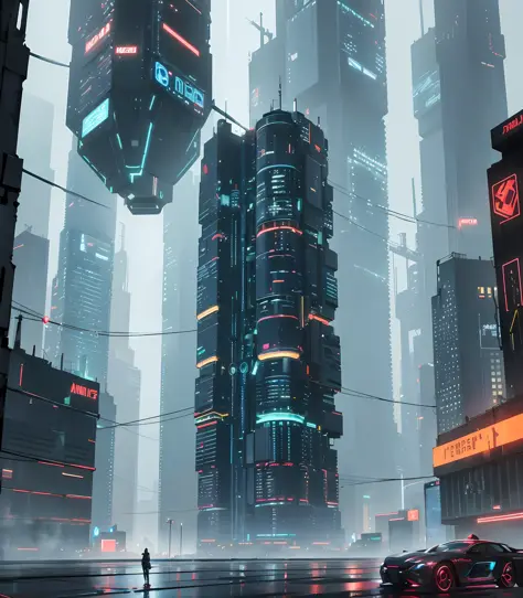photo of, in a bustling city of towering skyscrapers and sleek hovercars, a lone warrior stands on the edge of a neon-lit rooftop. their cybernetic armor glows with a faint blue light, and their advanced weapons hum softly in the background. the cityscape ...