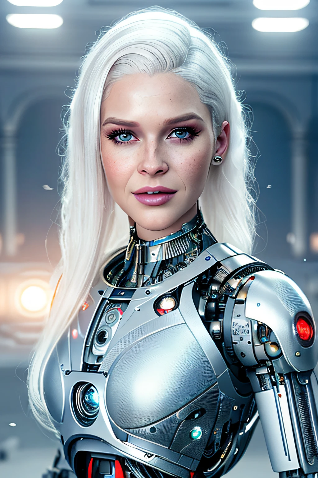 a beautiful cute Renee Olstead (cyborg:1.2) with white hair, (((photo realistic))), 4k, hdr, intricate, octane render, ((volumetric lighting)), sharp focus, vignette, trending on artstation, cgsociety