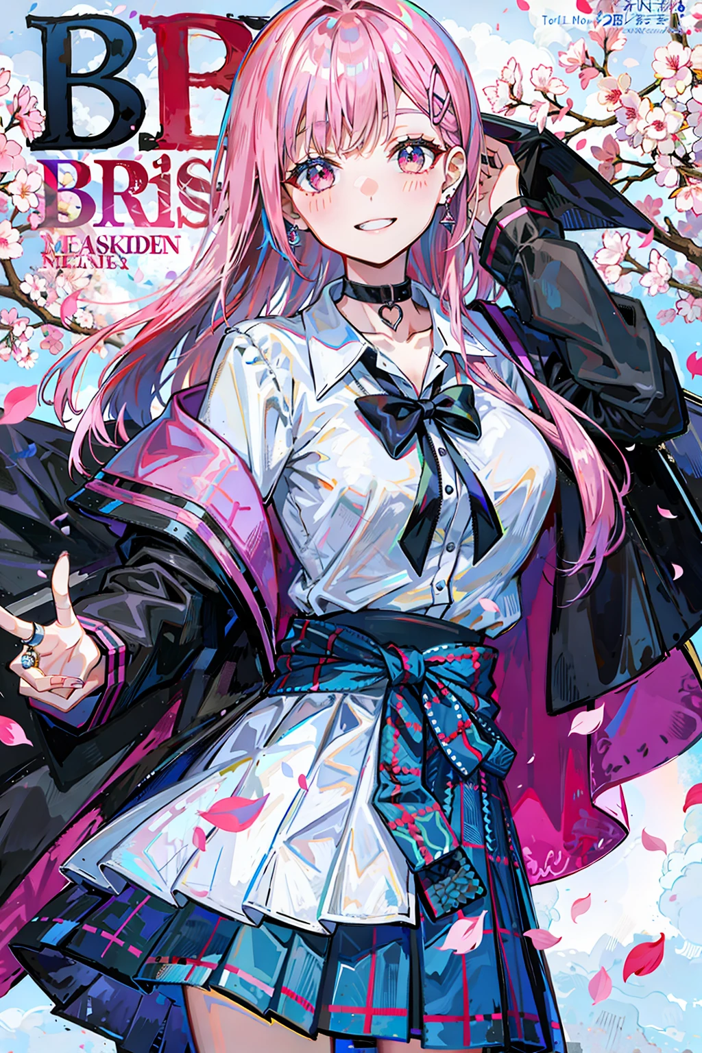 masterpiece, best quality, full body, 1girl, bangs, black choker, black tie, pink hair, blue skirt, blush, bracelet, large breasts, choker, clothes around the waist, collarbone, collar shirt, cowboy shot, dress shirt, ear piercing, eyebrows visible through hair, gradient hair, smile, gyaru, jewelry, kogal, long hair, looking at the viewer, loose tie, tie, piercing, plaid skirt, pleated skirt, red eyes, ring, , shirt, skirt, smile, solo, white shirt, street, sky, cherry blossoms, petals, illustration, (magazine: 1.3), (cover style: 1.3), elegant, woman, vibrant, clothing, posing, frontal, colorful, dynamic, background, elements, confident, expression, holding, statement, accessory, majestic, rolled, around, touch, scene, text, cover, bold, eye-catching, title, stylish, font, catchy, headline, bigger, impressive, modern, fashionable, focus, fashion,