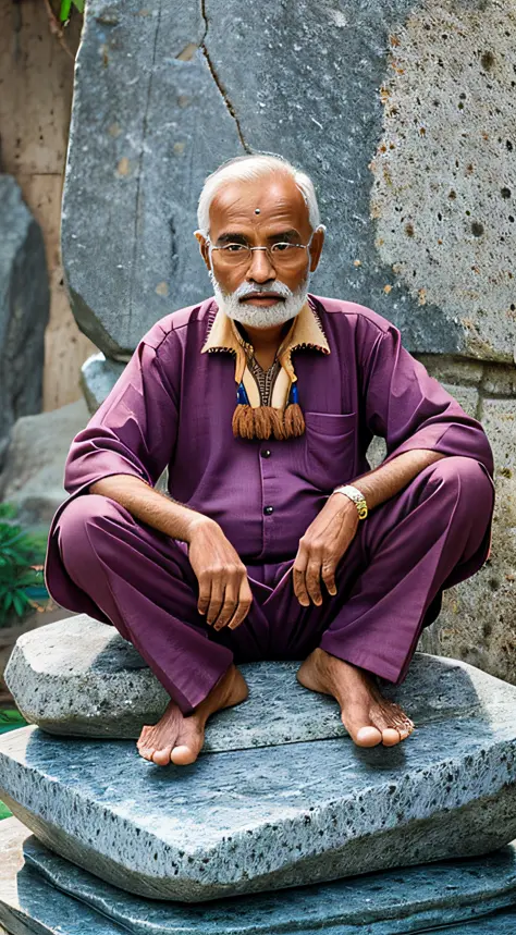 wise old indian man with open blue eyes sitting on a large stone