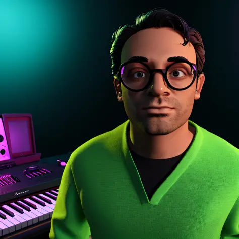 arafed man in glasses standing in front of a keyboard, lofi portrait, 3d render of jerma 9 8 5, realistic self-portrait, keyboar...