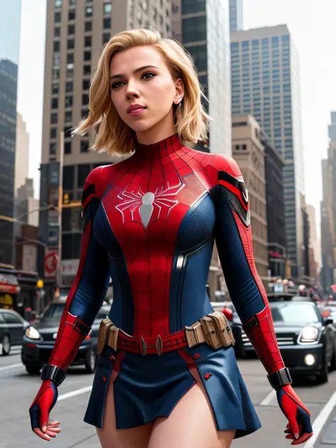 Scarlett Johansson in  a spider-man suit, sexy, (mini skirt:1.1), belt, deep neckline, cheeky smile, in new york, shot on dslr, detailed face, big hips, amazing body, amazing legs, cinematography, maximum details, neutral colors, hdr, muted colors, soft ci...