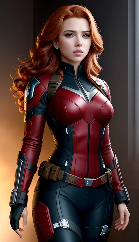 (masterpiece), (best quality), (photorealistic:1.3), 8k, detailed skin texture, detailed fabric texture, beautiful detailed face, gorgeous eyes and great intricate details, ultra detailed, Scarlett Johansson, Black Widow in Captain America style, pure red ...