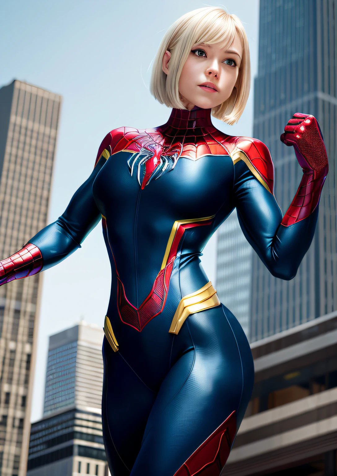 A woman in a spider - man suit poses in front of a city - SeaArt AI