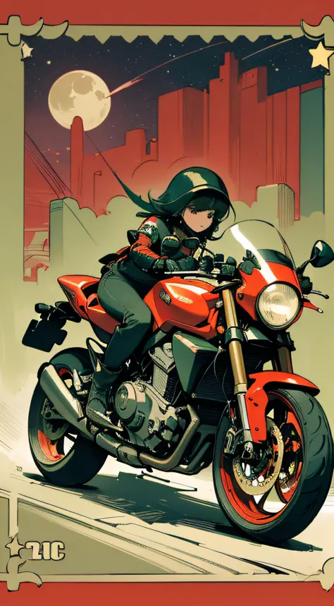 (masterpiece), (best quality), (best detail), (distant general view), (postage stamp),(main color of illustration: bright saturated red), (secondary color: green), a red cafe racer motorcycle driven by a woman with challenging stance, highly detailed chass...
