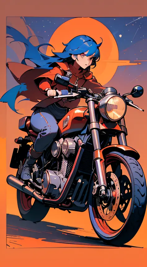 (masterpiece), (best quality), (best detail), (distant general view), (postage stamp),(main color of illustration: bright saturated red), (secondary color: lapis lazuli), a red cafe racer motorcycle driven by a woman with defiant stance, very detailed chas...