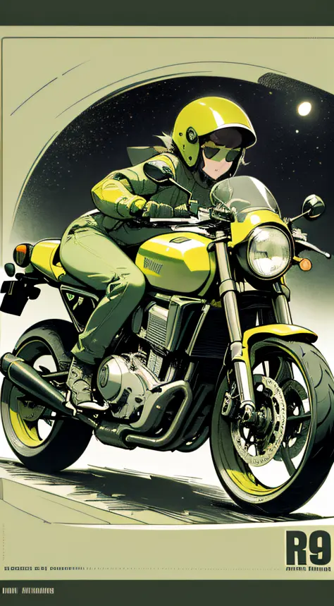 (high resolution),(masterpiece), (best quality), (best detail), (distant general view), (postage stamp),(main color of illustration: green), (secondary color: yellow), a cafe racer motorcycle driven by a woman with challenging stance, highly detailed chass...