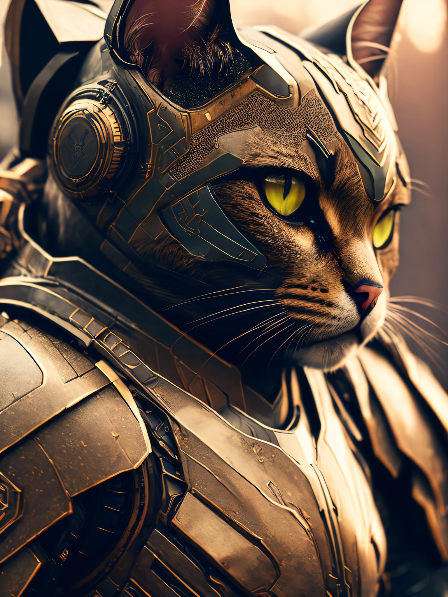 Un lindo gato como el asesino de la fatalidad., robot realista de armadura de poder cyberpunk de ciencia ficción, closeup portrait cinematográfico, 8k, HDR, ((detalles intrincados, hiperdetallado)), (Retroiluminado:1.3), (cinematográfico:1.3), (Estación de arte:1.3)