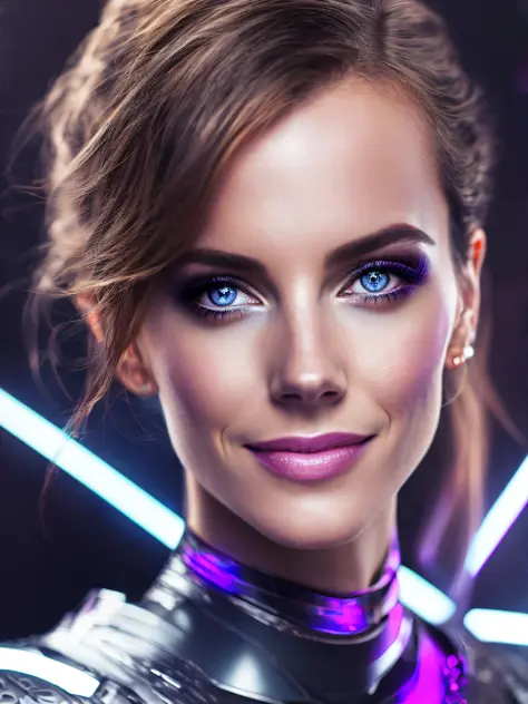 Realistic award winning photo of a beautiful transparent glass beautiful fiber optics cyborg plump [Emma Watson : Kate Beckinsale :0.4], 16 yo, android, cyborg, robotic parts, (look at a camera:1.2), (smile:1.2), purple eyes, futuristic interior background...