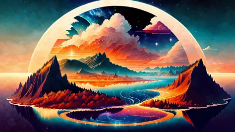 A beautiful land full of water and and clouds, astrophotogr,masterpiece, expert, insanely detailed, 4k, composition, centered, painted, intricate, volumetric lighting, beautiful, rich deep color masterpiece, sharp focus, ultra detailed, no dan mumford and ...