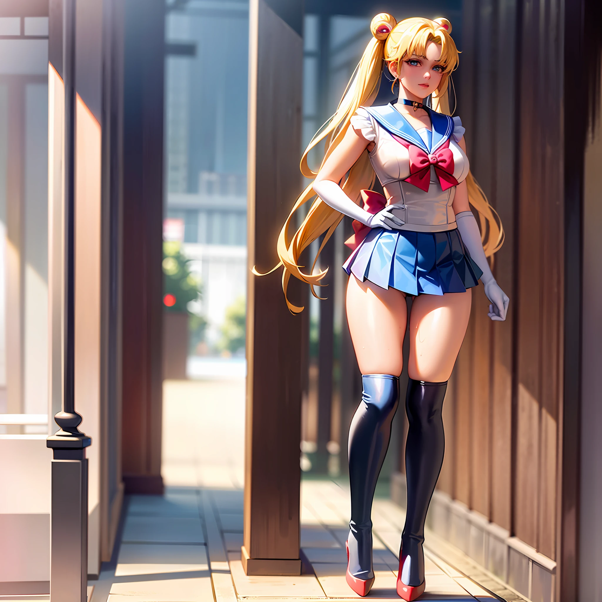 (8k, RAW photo, best quality, masterpiece: 1.2), (ultra-high resolution: 1.0), detailed illustration, detailed, (realistic, photorealistic: 1.37), detailed beautiful skin,
 Sailor Moon, (1 girl: 1.2),(full body:1.2),(Guido Daniele's hand:1.2), slim sexy body, cute, happy, long hair, long leg, wet sexy transparent clothes, décolleté, blue skirt, red bow, blue eyes, blonde hair, double ponytails, hair bun, hair ornament, blue sailor collar, red choker, red boots, high heels, senshi sailor uniform, white gloves, tiara,  gloves on the elbow, pleated skirt
stands on Tokyo Street, Tokyo Street, Japanese Buildings,