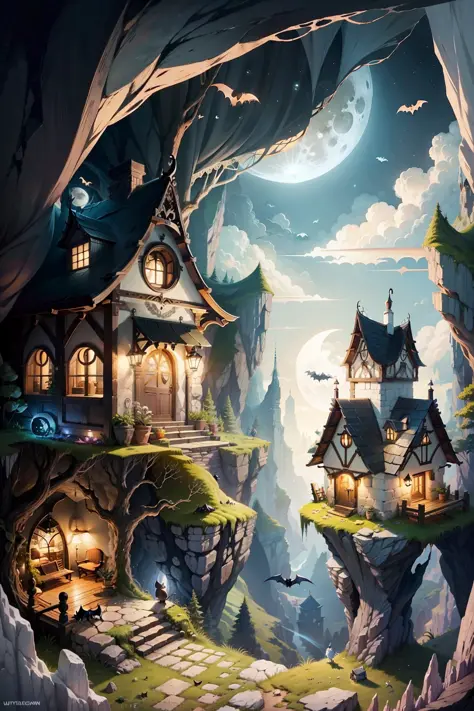 A cute bat (Very happy) flying in front the white moon to your house (beautiful litle house into The cave) where The wife wait him, Cartoon, detailed, high definicion, ultra resolution, 64k,