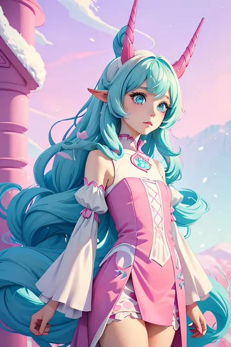 unicorn, (monster girl), snow-white skin, pale blue eyes, long curly hair with streaks of pastel cyan and pink, long curly tail ...