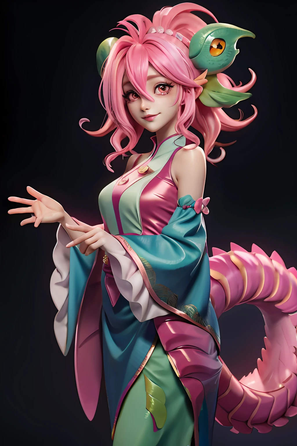 Salamander, (monster girl), pink skin, pink hair, long pink tail tipped with white, curled pink ears, vacant unfocused eyes, wearing modest clothing