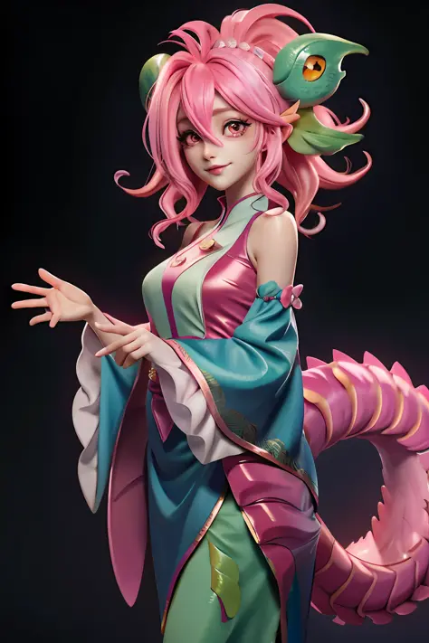 Salamander, (monster girl), pink skin, pink hair, long pink tail tipped with white, curled pink ears, vacant unfocused eyes, wea...