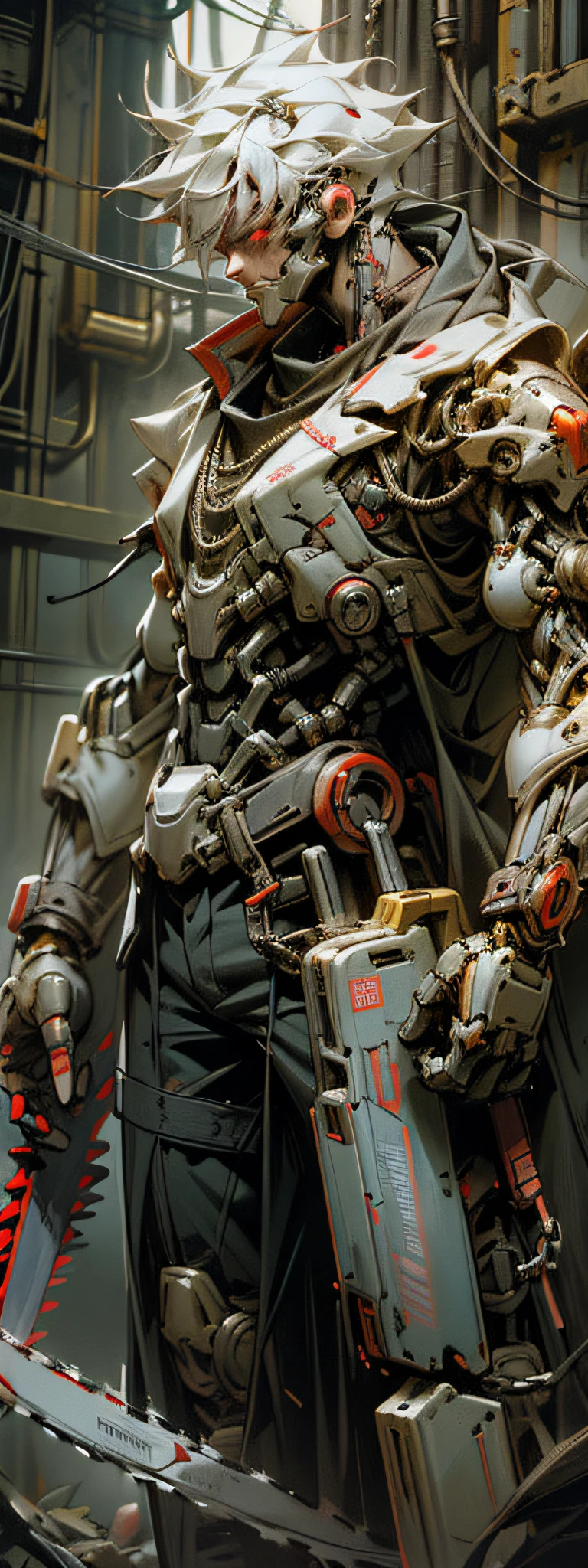 Dark_fantasía,ciberpunk,(sierra de cadena,sierra de cadena man,rojo:1.1),1 hombre,Maravilla mecánica,Presencia robótica,Cybernetic guardian,