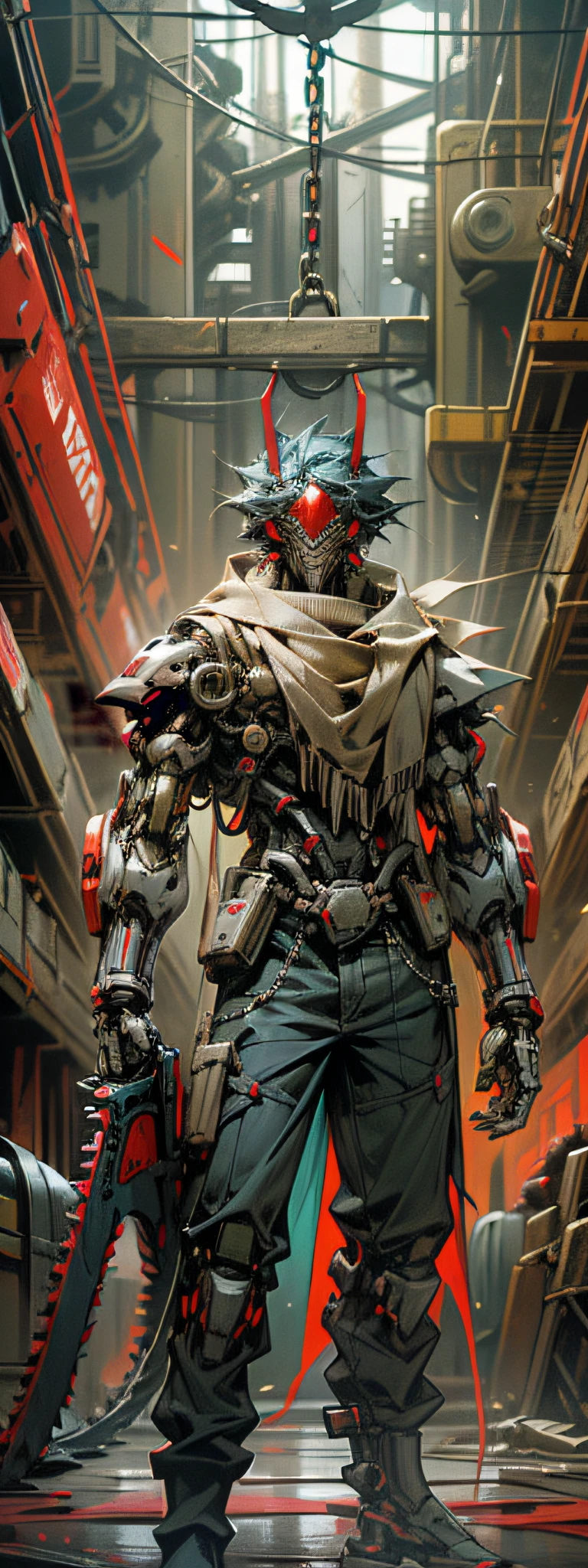 Escuro_fantasia,ciberpunk,(motosserra,motosserra man,Vermelho:1.1),1 homem,Maravilha mecânica,Presença robótica,Guardião cibernético,