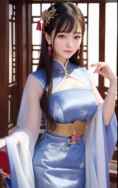 best quality, masterpiece, highres, 1girl,china dress,Beautiful face,
hair ornament, solo,looking at viewer,smile,closed mouth,l...