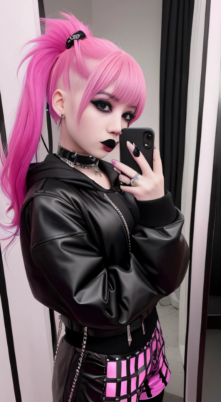araffe girl with pink hair taking a selfie in a mirror, goth girl aesthetic, goth aesthetic, cybergoth, goth girl, cyber punk setting, darkwave goth aesthetic, mall goth, 17 - year - old goth girl, goth vibe, pastel goth aesthetic, goth punk clothes, goth style, all black cyberpunk clothes, neo goth, outfit photo, gothcore