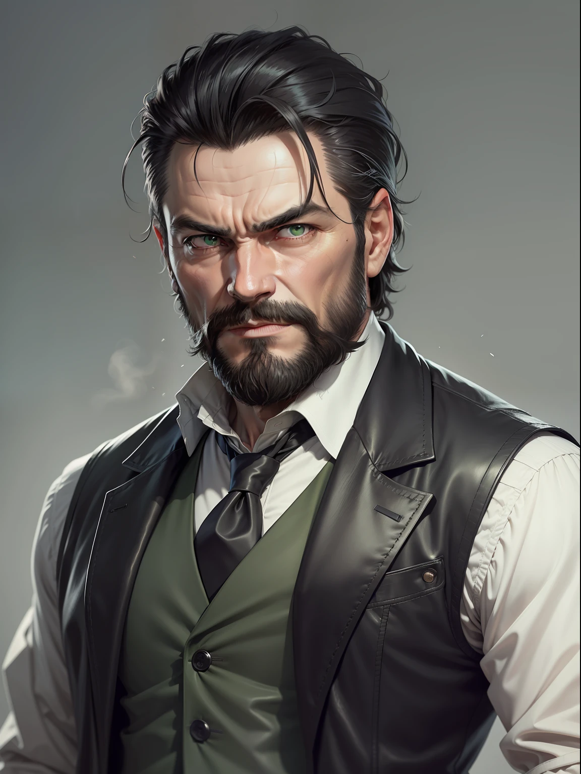 Draw a middle-aged man with straight black hair, combed back, and a neatly trimmed beard. His face is thin and cunning, with piercing green eyes. He wears elegant but worn-out clothes and a leather vest with several pockets. At his waist, he carries a pistol and a dagger. His facial expression is one of arrogance and malice.