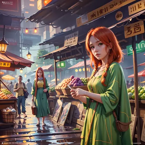 Young ginger woman, Post-Impressionism,  anime key visual,  landscape of a Wet street market  and biophilic Tanzanian Bridge, at Twilight, Sketch, hair light, hearthstone artwork, cinematic, unreal engine