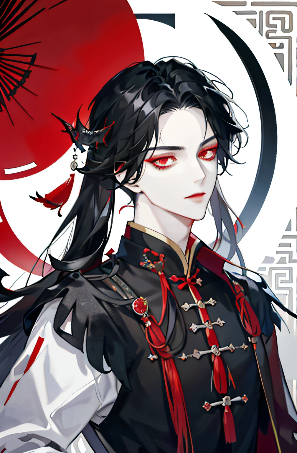 long black haired man, red eye - SeaArt AI