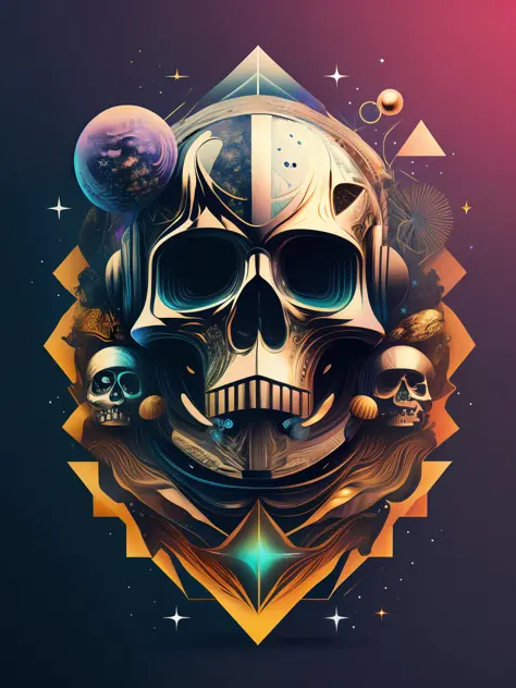 "starry space, stylized astronaut helmet and skull, intricate design, ultra-detailed vector artwork, floating, dynamic viewpoint...